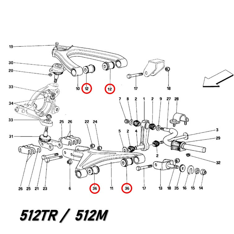 フロント サスペンション ブッシュ キット 348 512TR 512M テスタロッサ モンディアル  フェラーリ Ferrari Testarossa アッパー ロワ