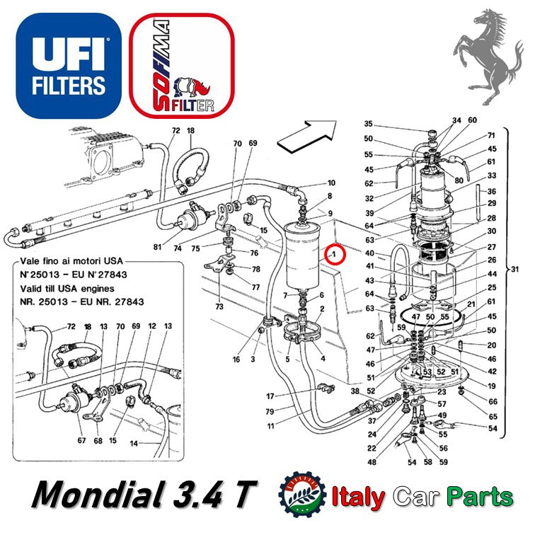 フューエルフィルター 328 348 355 512 Mondial Testarossa テスタロッサ フェラーリ 81mmタイプ UFI Sofima