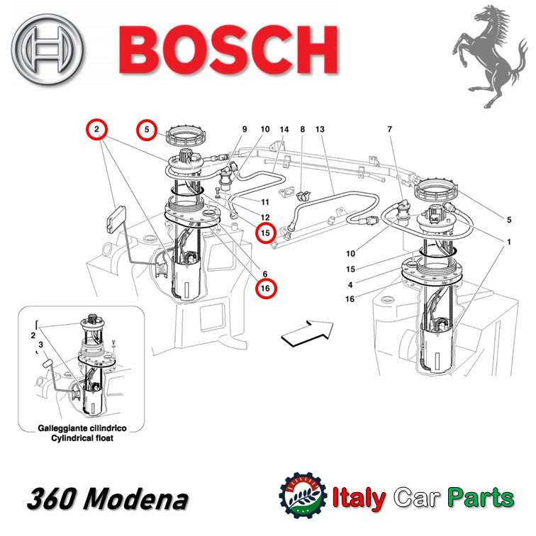 Ferrari フェラーリ Maserati マセラティ パーツ 販売 フューエル ポンプ 左側 360 モデナ Modena Ferrari フロート付 フェラーリ 純正OEM Bosch 燃料漏れ